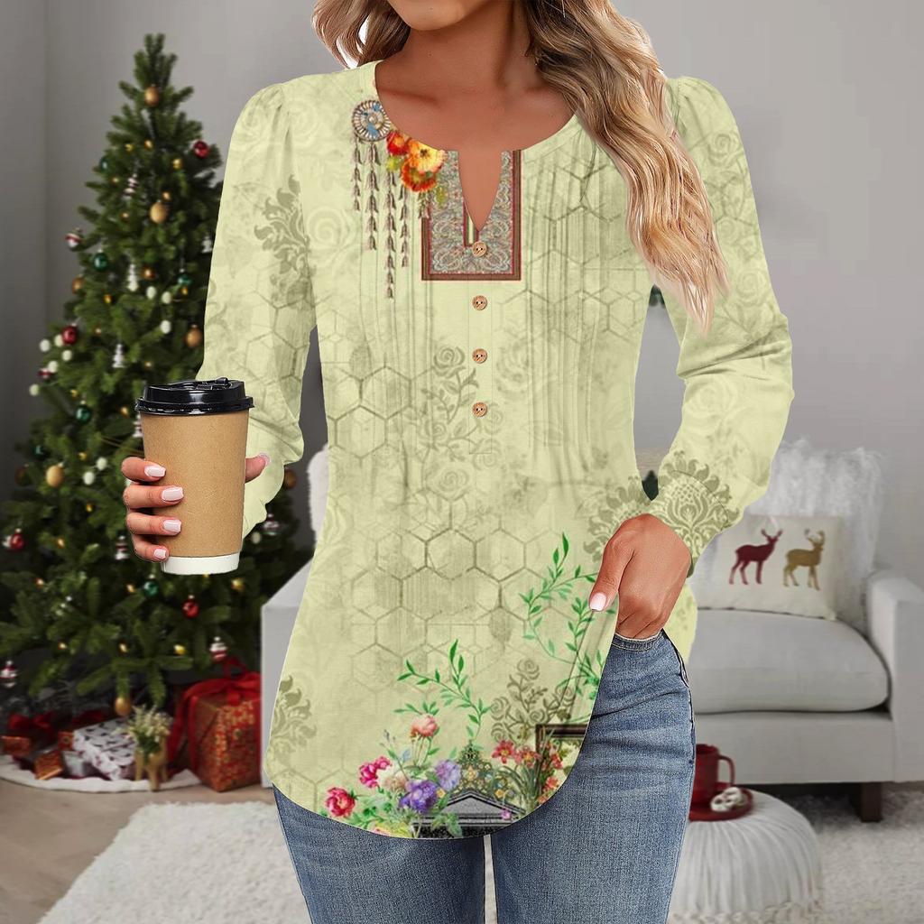 Женская мода повседневная плиссированная футболка с круглым вырезом и декоративными пуговицами и цветами с длинным рукавом