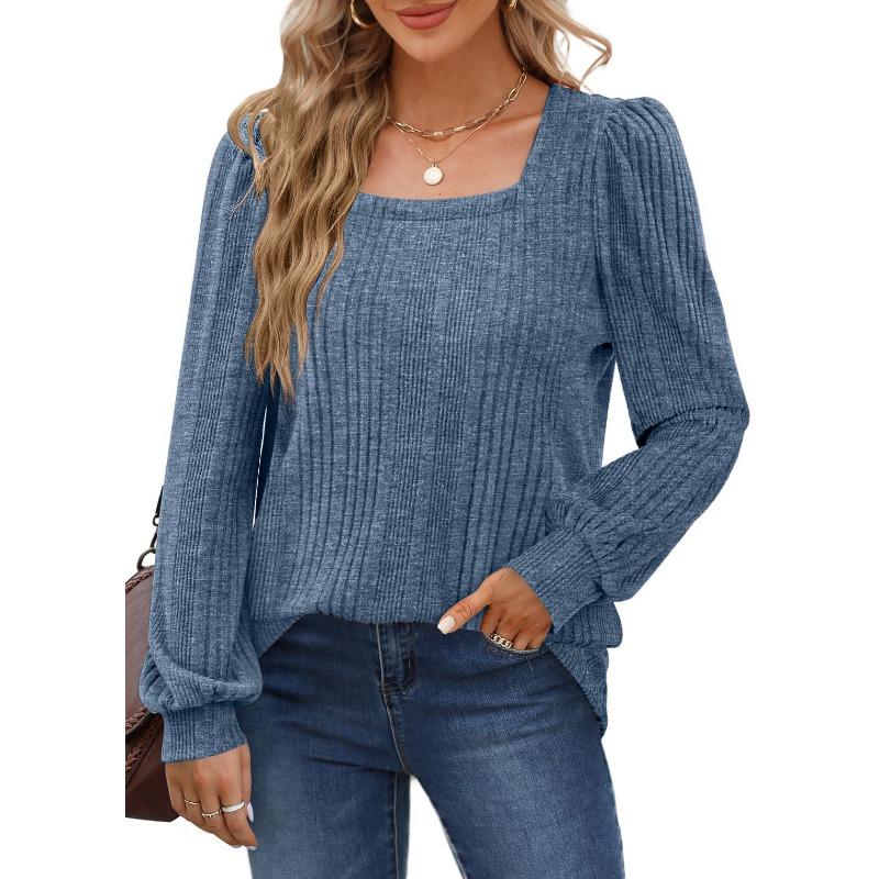 Spring and Autumn Women's Blouse Pit Stripe Brushed Square Neck Fashion Lantern Sleeve Long Sleeve Top