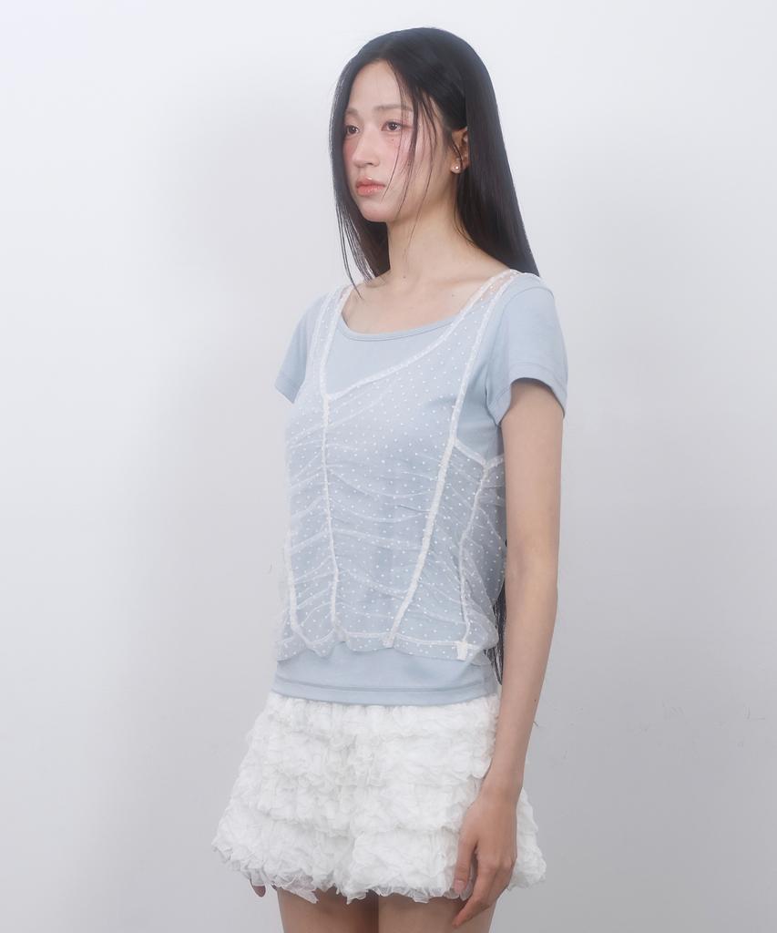 LMR Two-Way Lace Shirred Layered Short Sleeve T-Shirt Sky Blue / White