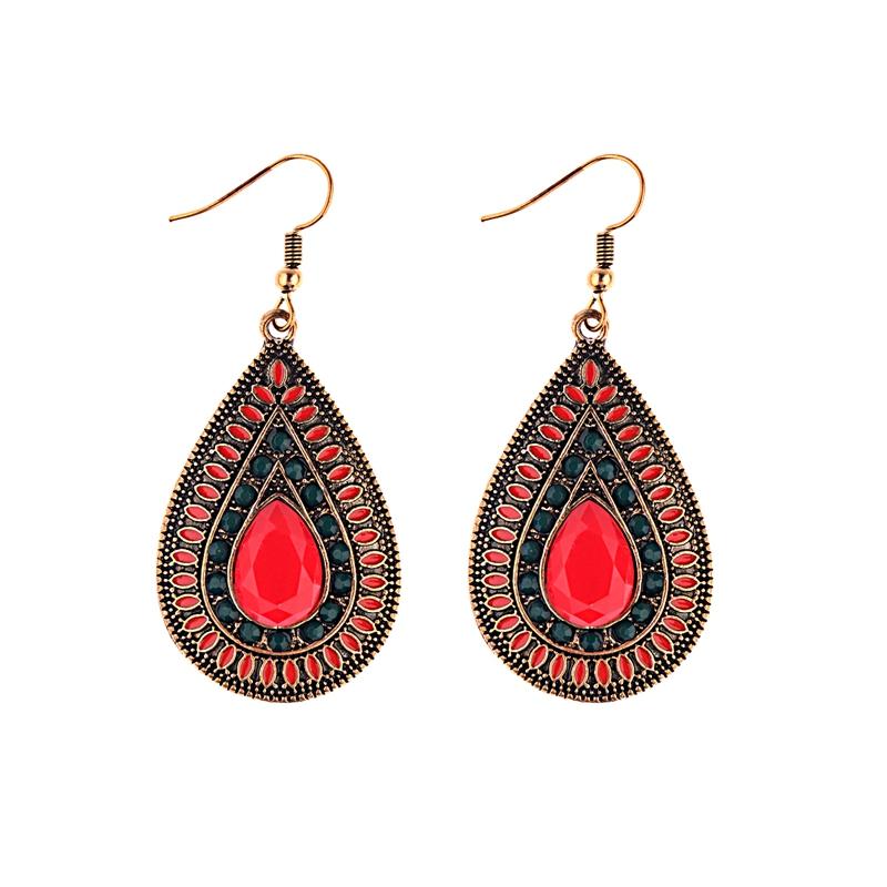 TopHanqi Womens Bohemia Ethnic Bronze Water Drop Earring Multicolor Stone Metal Leaf Pendant Long Tassel Earrings Indian Zircon