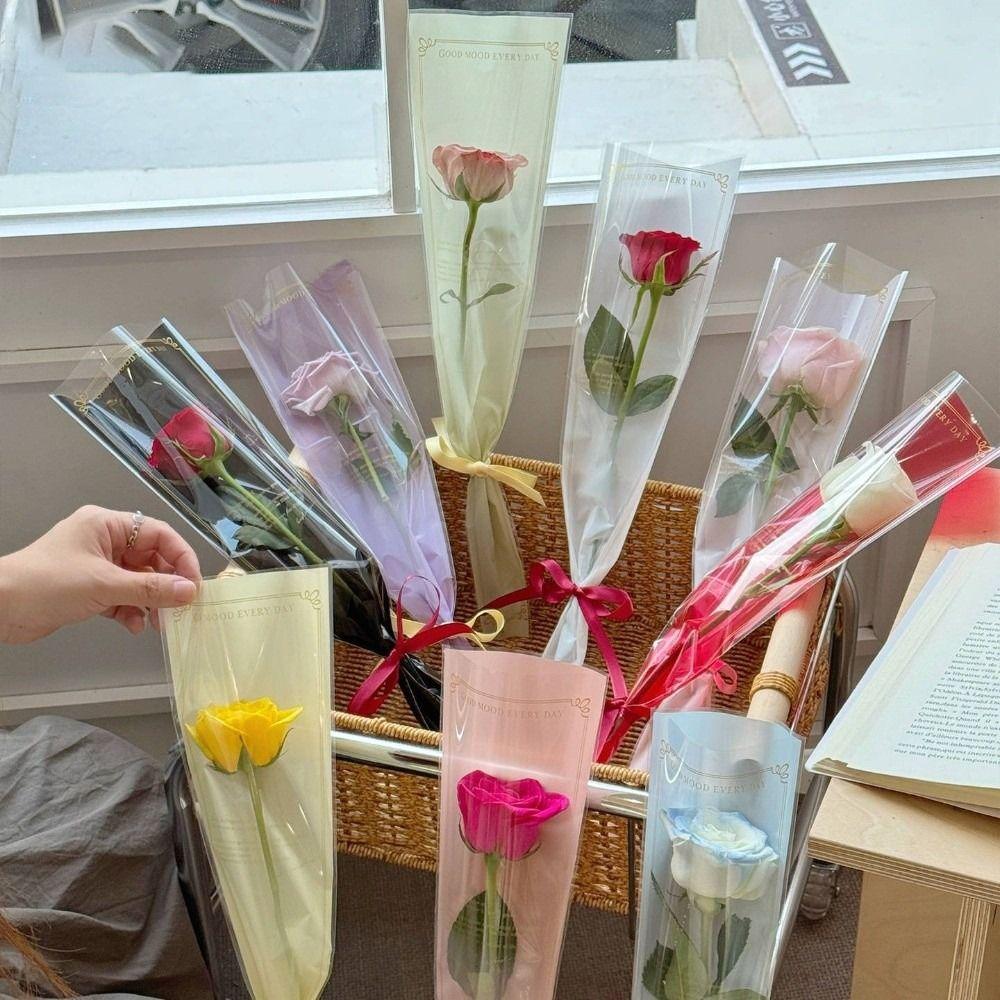 50pcs Transparent Single Rose Sleeves Waterproof Bouquet Packaging Sleeve Anniversary