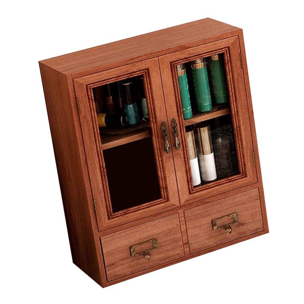 Деревянный настольный шкаф для хранения с двойной дверцей и ящиками, прозрачная текстура, ретро деревянная шкатулка для драгоценностей для духов, чашек