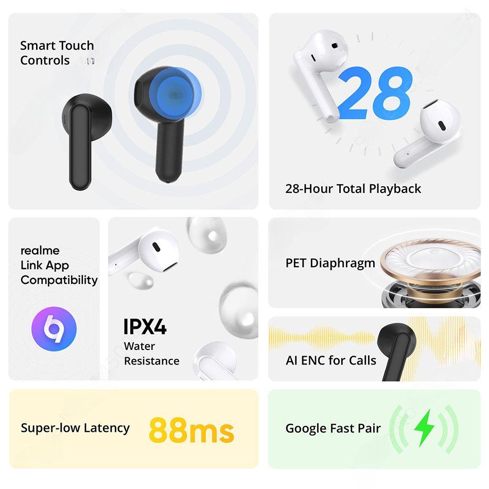 Realme Buds T01 True Wireless Наушники с функцией шумоподавления AI TWS Наушники Bluetooth 5.4 28 часов автономной работы