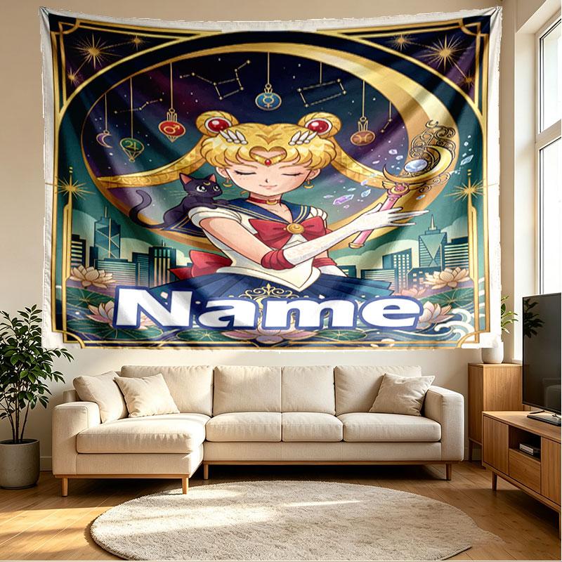 Custom Name Personalized Sailor Moon Print Tapestry, Wall Art Decor, Bedroom, Dorm, Apartment, LivingRoom, Party Backdrop, Gift for Birthday