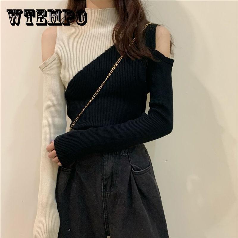 Свитер женский, полуводолазка без бретелек, сексуальный пуловер, трикотаж, тонкий корейский лоскутный топ, модный свитер, осенне-зимний джемпер