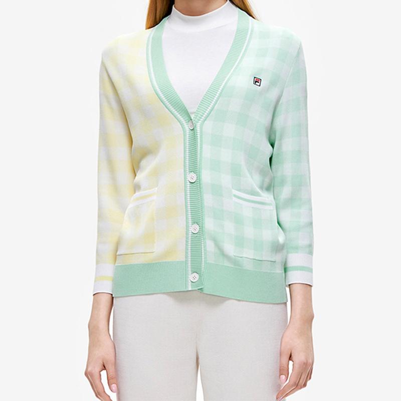 Fila Color Block V-Neck Plaid Knit Cardigan Women Outerwear Green F11W228402F-LG