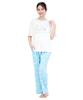 SAZAC Cinnamoroll and Milk Pajama Set, Powder Stretch Fabric, Women's Short Sleeve and Long Pants Set, Loungewear (White X Sax/M/SAN1952)