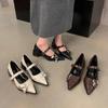 Весна-лето Новые женские туфли-лодочки с острым носком, декоративной пряжкой, черным мелким ремешком сзади, средний каблук, одинарные туфли для женщин 2024