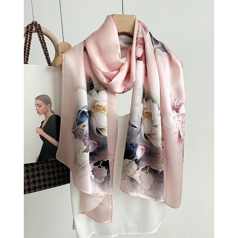 New Chinese elegant silk scarf women's new temperament versatile mulberry silk long scarf high-end gift plain crepe satin silk scarf