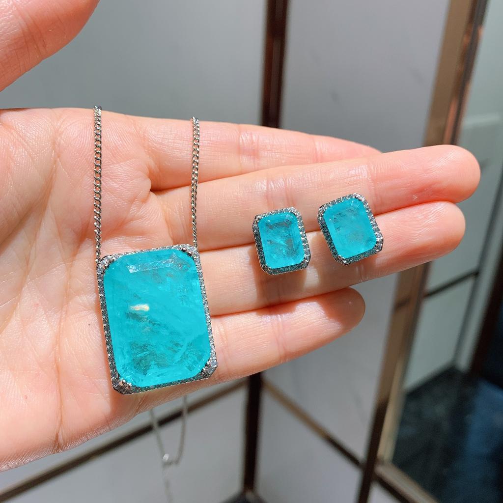 Jewelry Set With Diamonds Imitation Paraiba Jewelry Set Rectangular 20 * 28 Large Pendant Stud Earrings 9 * 12