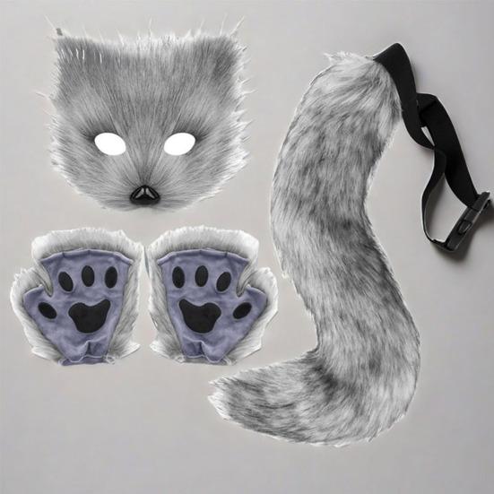 Faux Fur Cat Fox Maque Tail And Paw Gloves Set Handmade Furry Animal Therian Kit Masquerade Halloween Party Cosplay Costume Accessory