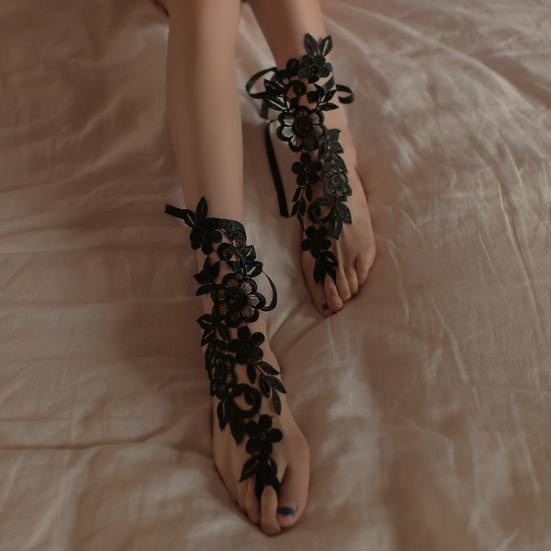 1 Pair Foot Cover with Toe Ring Hollow Out Lace Flower Applique Temptation Solid Color Close-fitting Honeymoon Wedding Night Foot Cover Foot