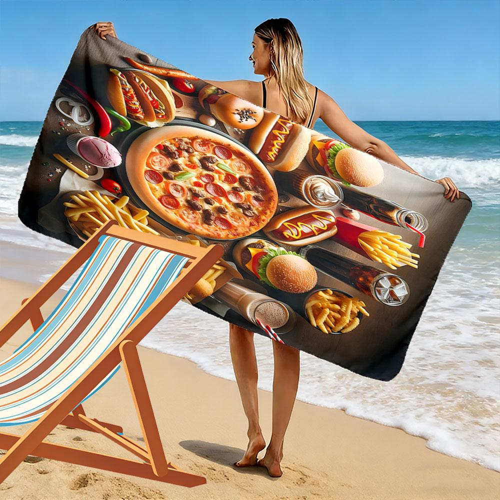 Fast Food Feast: Burgers, Pizza, and Fries Patterned beach towel quick dry perfect for travel outdoor sports jogging the beach and swimming