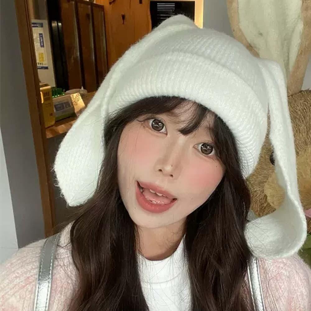 Korean Style Rabbit Ears Cap Trendy Brimless Beanie Hat Personality Bunny Pullover Cap Outdoor