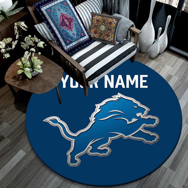 Custom Name,Detroit Lions pattern round rug,Carpet Rug for Living Room Bedroom Playroom ,Non-slip Floor Mat,Holiday Gifts and Birthday Gifts.