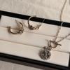 Vintage French Style Clover Earring Set With Necklace Blue Gray Minimalist Geometric Jewelry Women