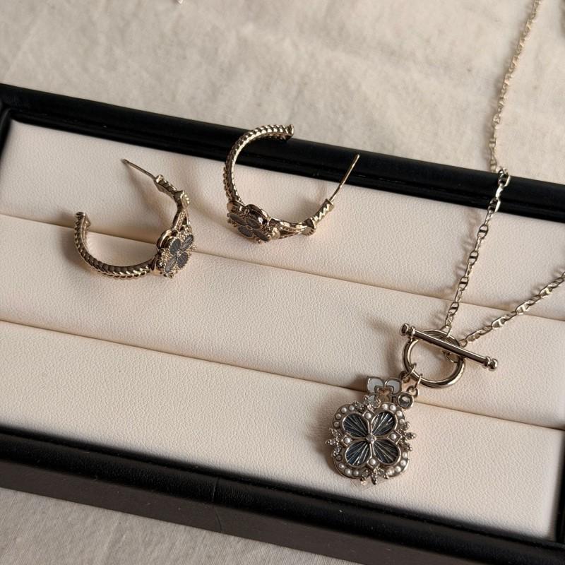 Vintage French Style Clover Earring Set With Necklace Blue Gray Minimalist Geometric Jewelry Women