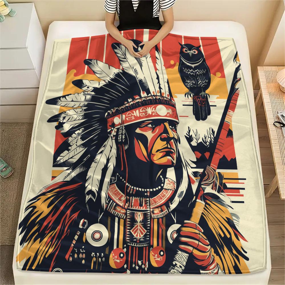 Native Americans and Animals Print Flannel Blanket, High quality Comfortable for All Seasons, Home Decor, Warmth and Comfort
