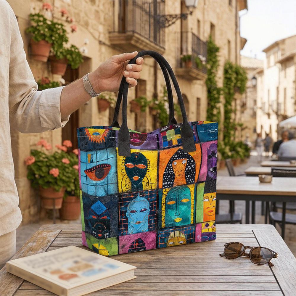 Artistic Abstract Faces Print Tote Bag Large Casual Daily Shoulder Handbag for Women