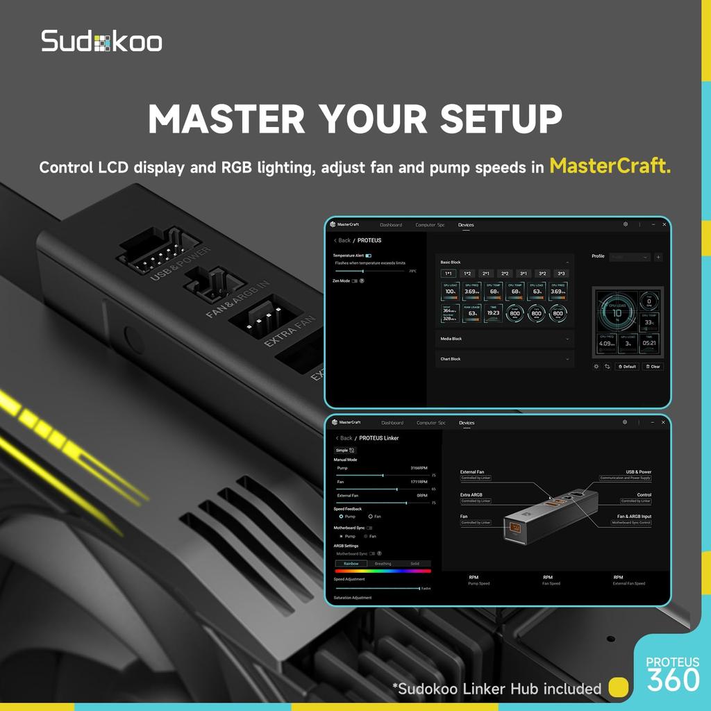 Жидкостное охлаждение процессора Sudokoo Proteus 360: 360-мм СЖО с ЖК-дисплеем для процессора, настраиваемым 3,4-дюймовым цифровым дисплеем - Система жидкостного охлаждения с вентилятором толщиной 30 мм