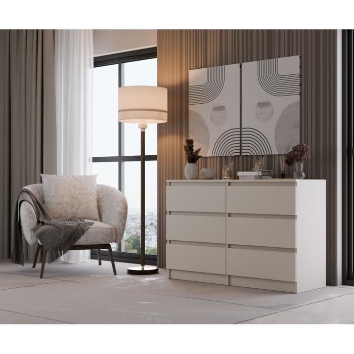 MILAN - Commode contemporaine 6 tiroirs chambre-salon-bureau - 30x120x77 cm Beige