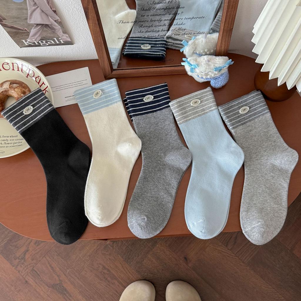 Button Bow Socks Medium Tube Socks Tide Cotton Versatile College Style Striped Contrasting Color Stacking Socks