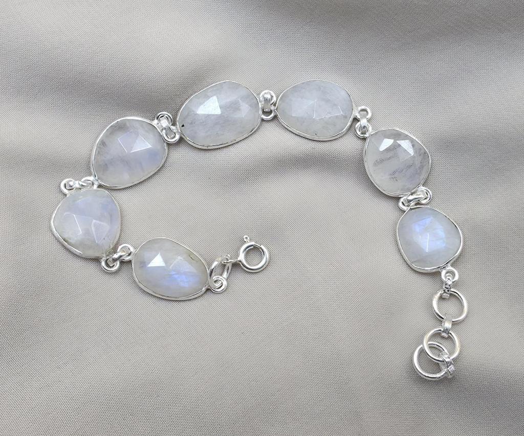 Rainbow Moonstone 925 Sterling Silver Bracelet Natural Handmade