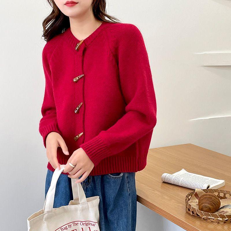 Кардиган на пуговицах с коровьим рогом, женское пальто 2023, осень/зима, свитер с длинными рукавами, вязаная верхняя одежда с круглым вырезом, женский кардиган