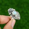 Gift For Her Natural Larimar Stackable Flower Adjustable Ring 925 Silver