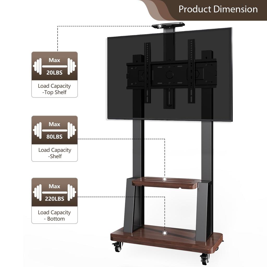 Mobile TV Stand for 32-75" Flat Curved Screen TV Cart Media Shelf Tray,Height Adjustable Heavy Floor TV Stand Portable TV Stand