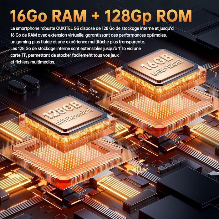 OUKITEL G3 Smartphone Robuste 16GB+128GB/1To Écran 6" 6300mAh Telephone Portable Incassable Android 14 13MP Dual SIM 4G/GPS Orange