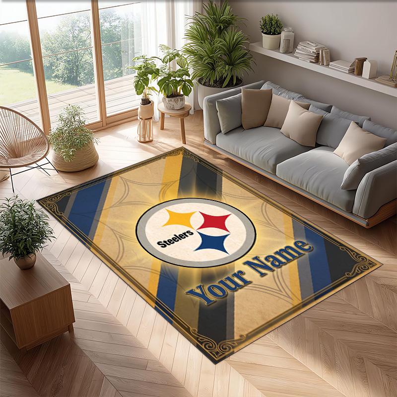 Pittsburgh Steelers Crystal Velvet Rug, Custom Name Text Personalized Non‑Slip Floor Mat for Home Decor Gift