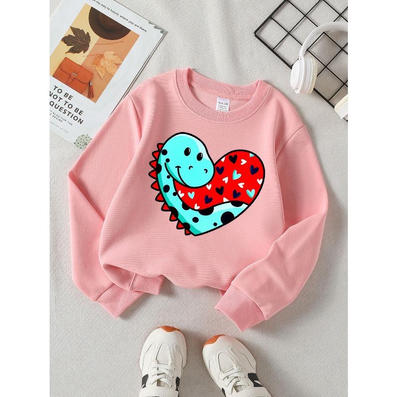 European sizes Girls' Soft Crewneck Sweatshirt with Heart Pattern Dinosaur Cartoon, Casual All-Match for Fall Winter, Ideal Present.