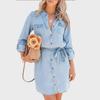 Women's Casual Lapel Long-Sleeve Button-Front Denim Dress with Waist Tie