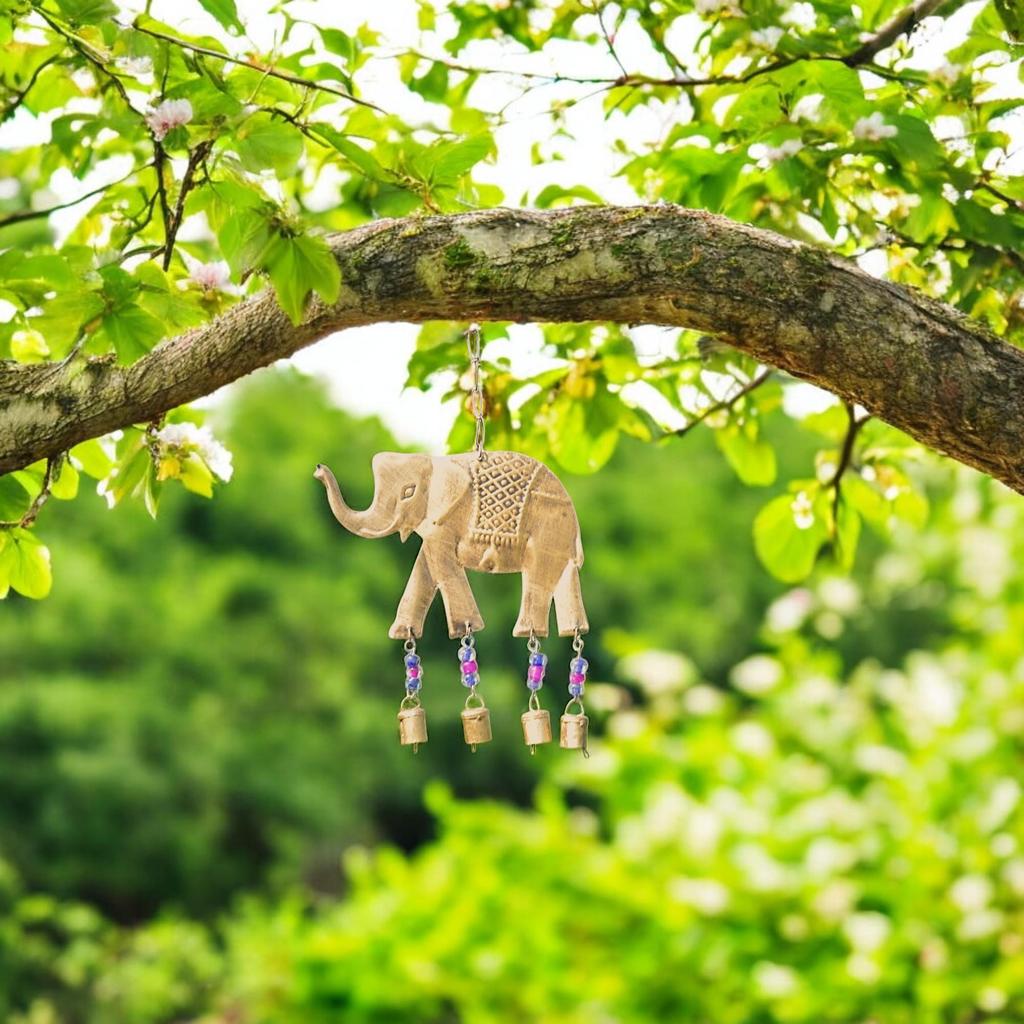 HANDMADE RUSTIC ELEPHANT WIND CHIME with Cow Bells, Boho Garden Art for Patio Porch Balcony, 15 Inch Gold Metal Wind Catcher Decor