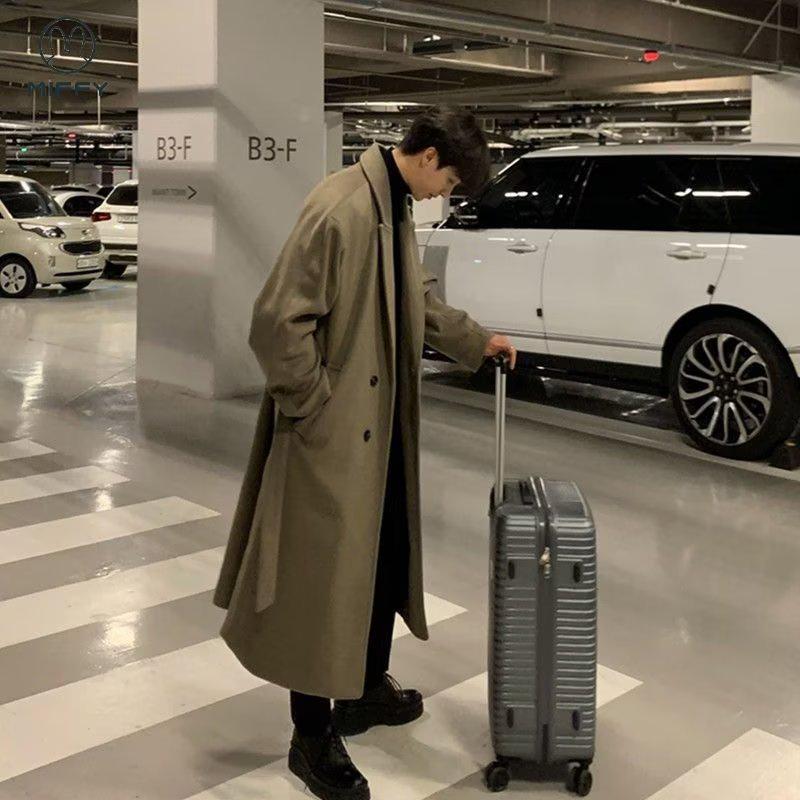 Мужская шерстяная ветровка средней длины в корейском стиле, длина до колена, свободный крой, весна/осень, модный британский дизайн