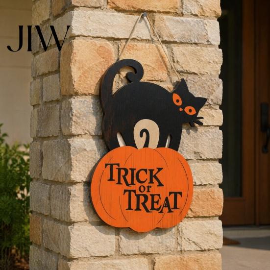 Hanging Decoration for Porch Halloween Wooden Door Sign, Black Cat And Pumpkin Plaque, Rustic Solid Wood Sign Farmhouse Wall Decor Holiday Party