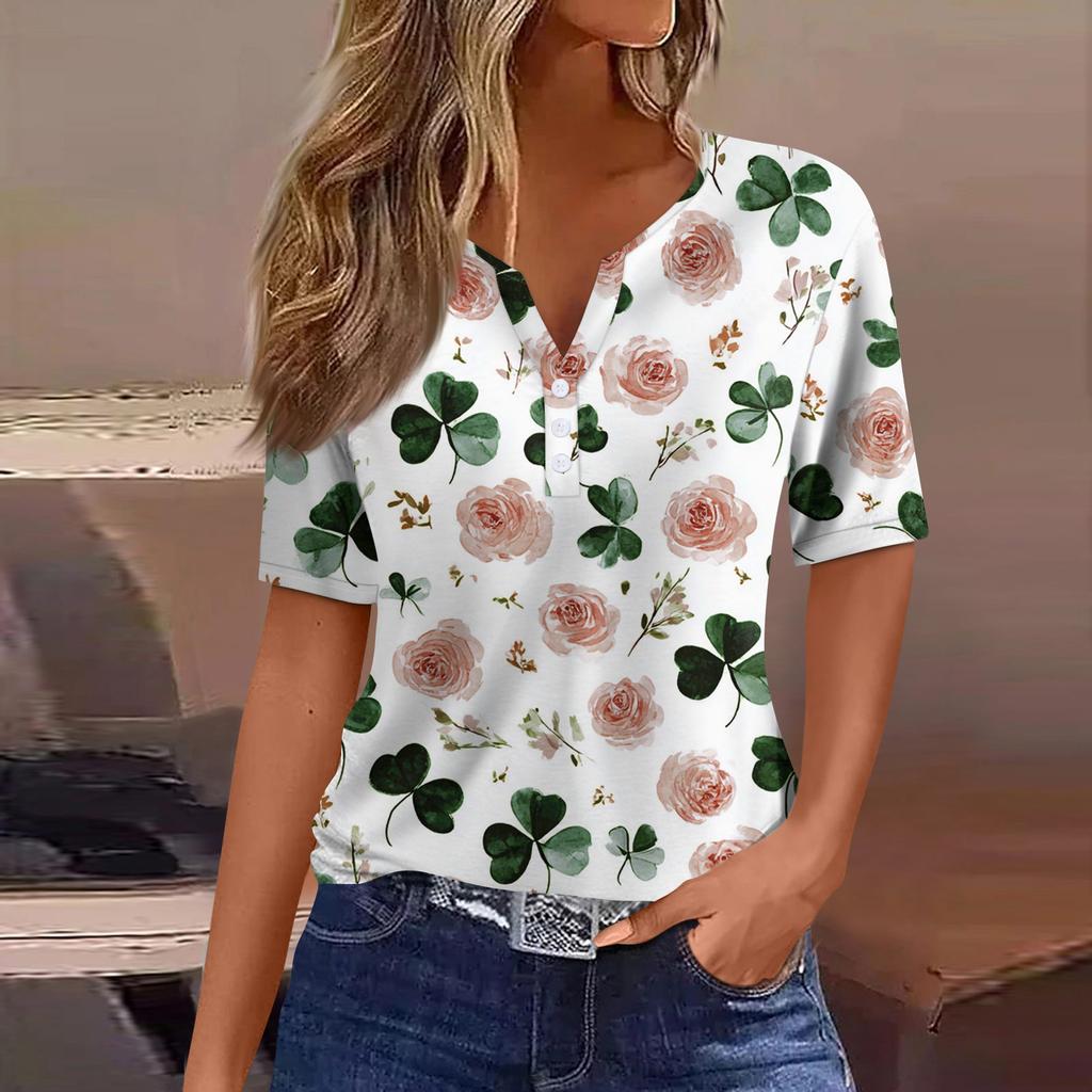 Women's T Shirt Tee Print Button Short Sleeve Daily Weekend Fashion Basic V- Neck Regular Top St. Patrick's Day