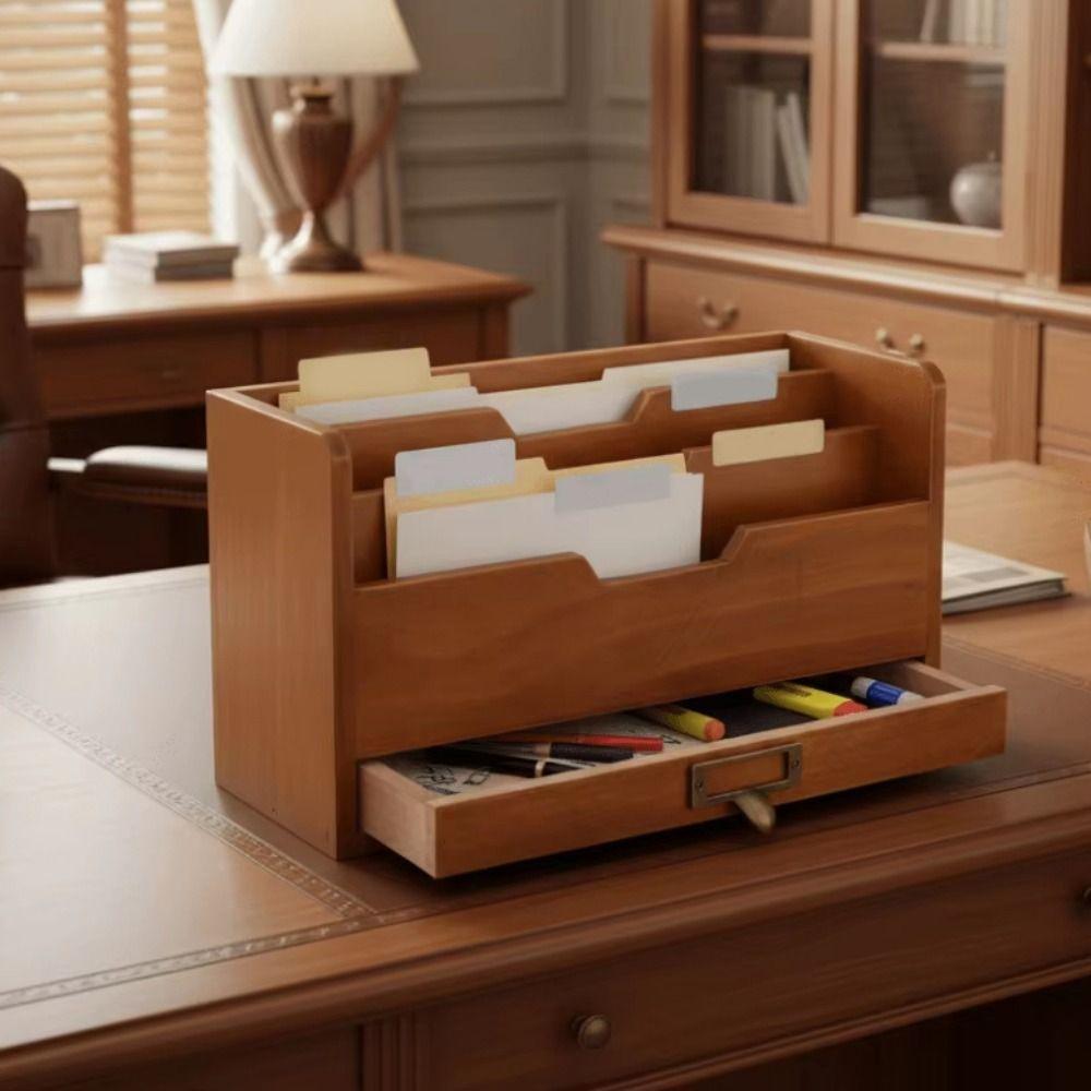 Rustic Desktop Drawer Storage Box Wooden Mail Organizer Stationery Storage Containers  Office Use