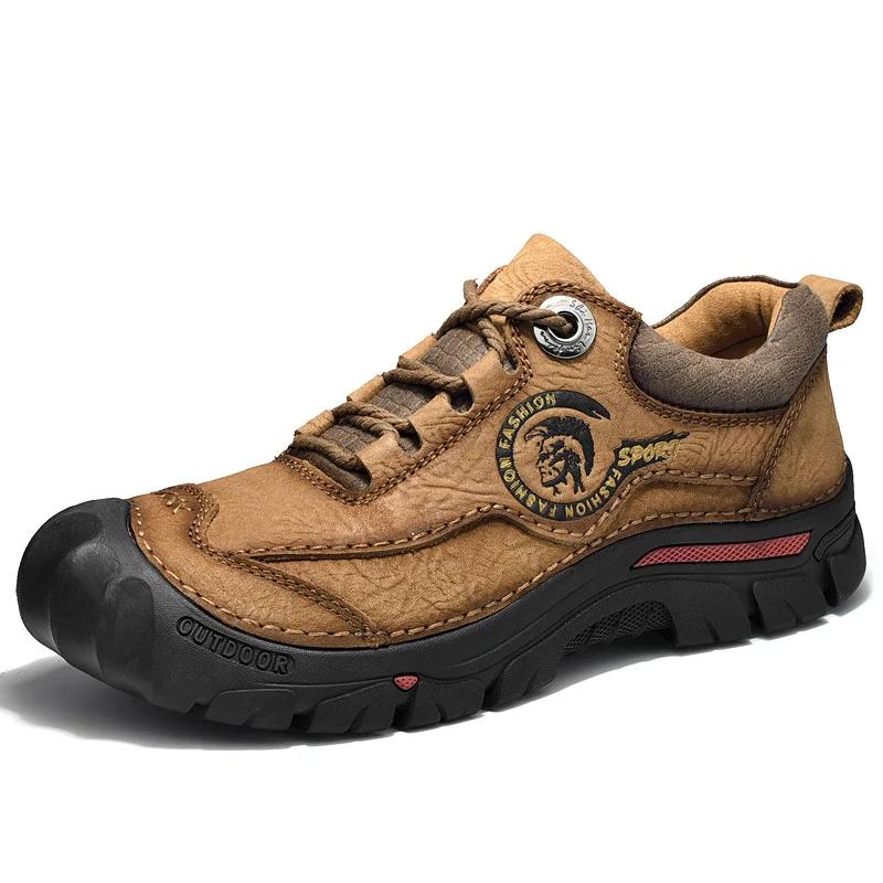 Fashion Brown Size 47 Men Leather Hiking Shoes Trekking Waterproof Sneakers Flats Comfortable Outdoor Walking Mountain Sports Shoes