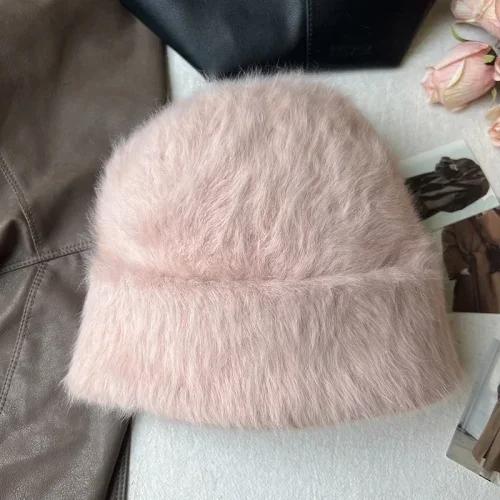 Fashion Rabbit Fur Beanies Women Soft Warm Fluffy Angola Winter Knitted Hat Female Plush Windproof Bonnet Skullies Cap