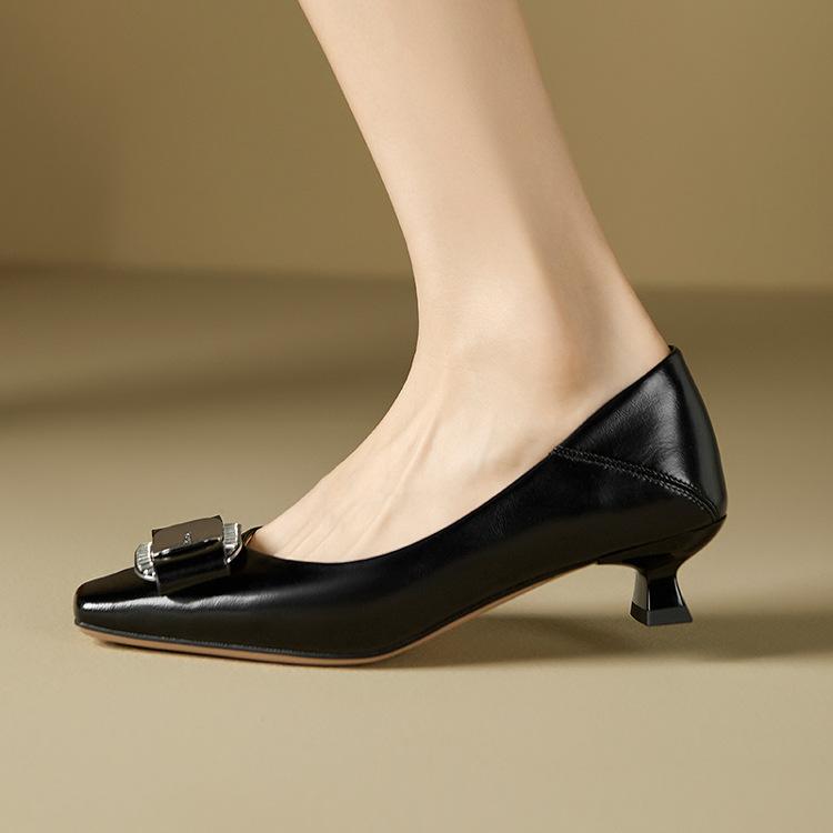 Женские туфли из овчины, новые, с квадратным носком и бантом, для работы, на низком каблуке, женские туфли на толстом каблуке из лакированной кожи, туфли на высоком каблуке