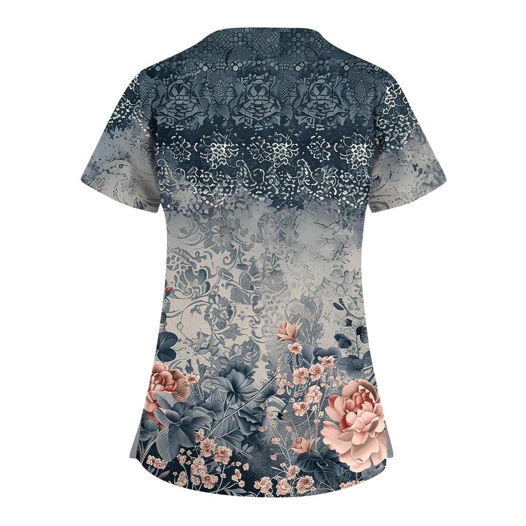 Women's Short Sleeve Stagger V Neck Print Pocket Dry-nurse Top
