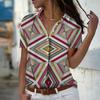 2025 Summer New Fashion Women's Geometry Printed Short Sleeve V-neck Casual Button-down Shirt Top
