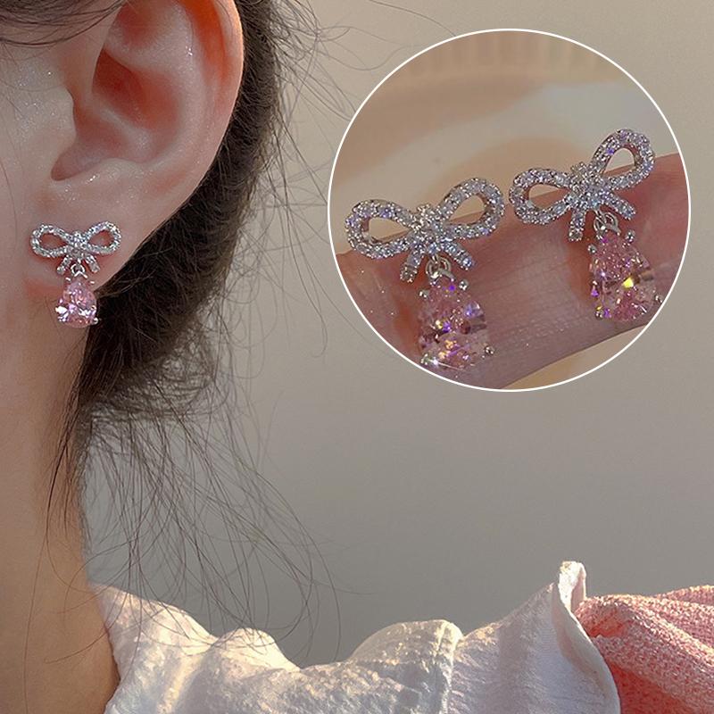 1/2 пары сережек-гвоздиков с розовым цирконием в форме капли воды, романтические украшения в виде сердца