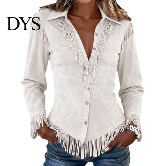 Western Cowgirl Shirt Women Tassel for Autumn, Button Down Slim Fit Fringe Blouse, Solid Color Casual Long Sleeve Top, Outfit Breathable Polyester