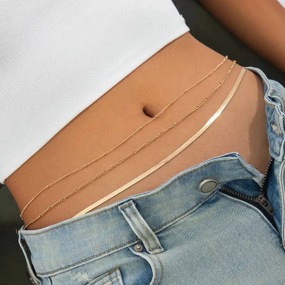 SHIXIN 3 Pcs/Set Hip Hop Multi Layer Flat Snake Chain Belly Waist Chain for Women Sexy Summer Beach Bikini Body Jewelry Y2K