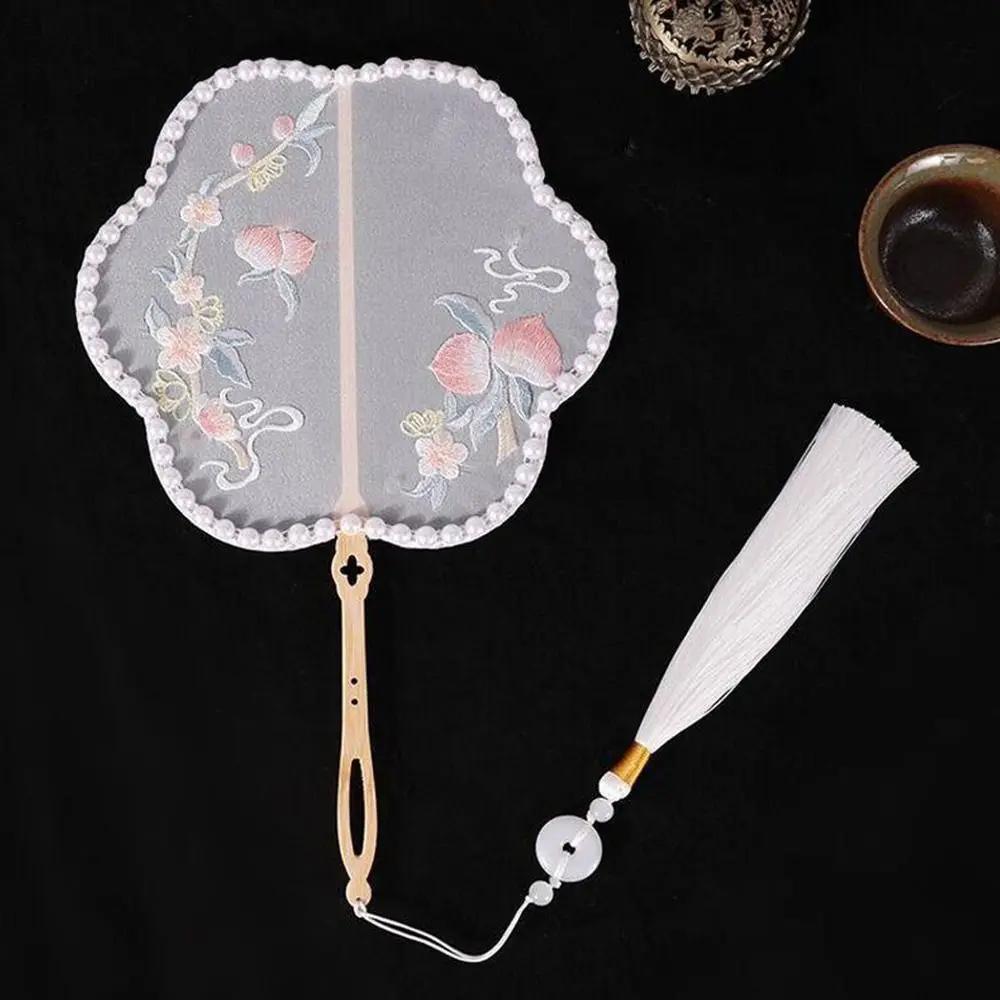 Clothing Acceessories Home Decoration With Tassel Long Handle Chinese Retro Style Embroidery Handheld Fan Pearl Edging