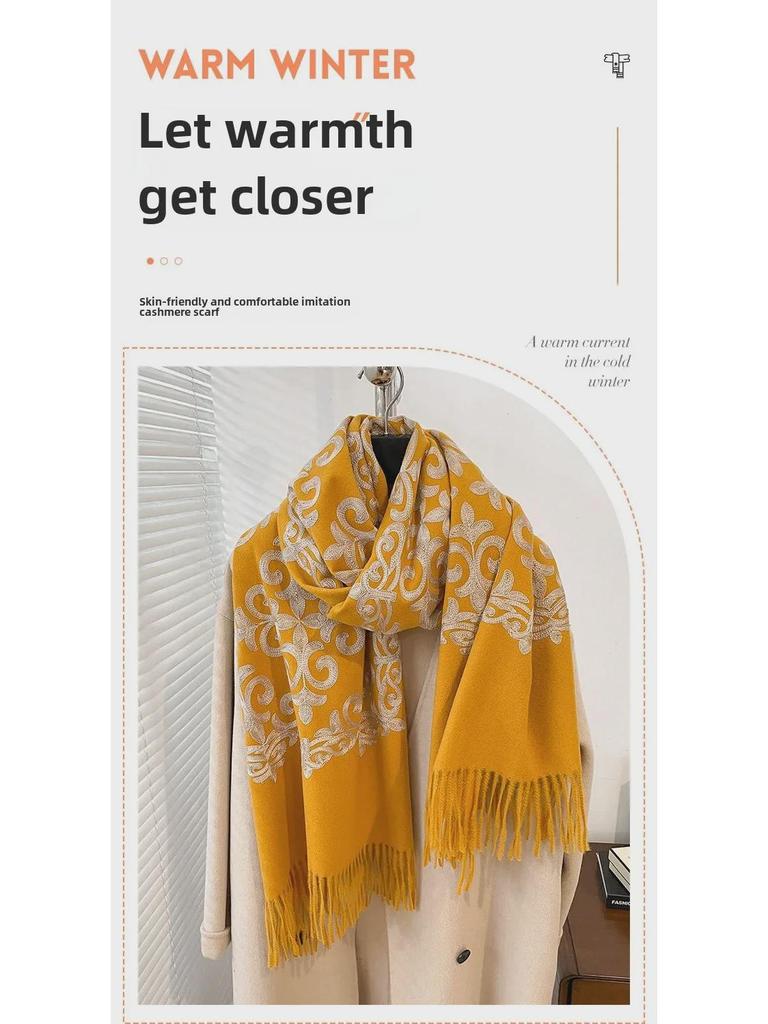 2024 Retro Ethnic Style Embroidered Imitation Cashmere Scarf - Warm & Versatile Fashion for Autumn/Winter