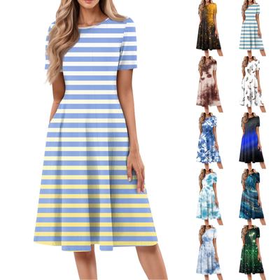 Женское свободное повседневное и модное платье с круглым вырезом и короткими рукавами, средней длины с принтом